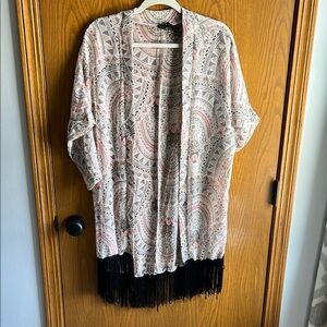 Steve Madden Kimono/ Beach Cover Up with Black Fringe Detail.  One size